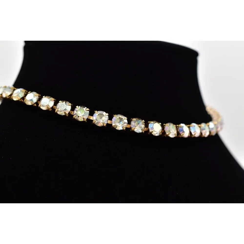Vintage Crystal Choker Necklace Aurora Borealis Round Prong Rhinestone 80s BinBL